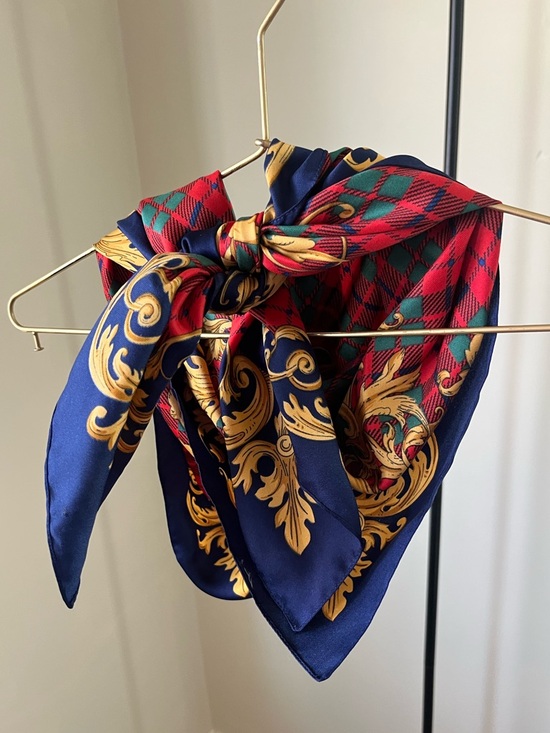 None Accessories - Silk-Feel Baroque Print Square Scarf in Navy, Red & Gold